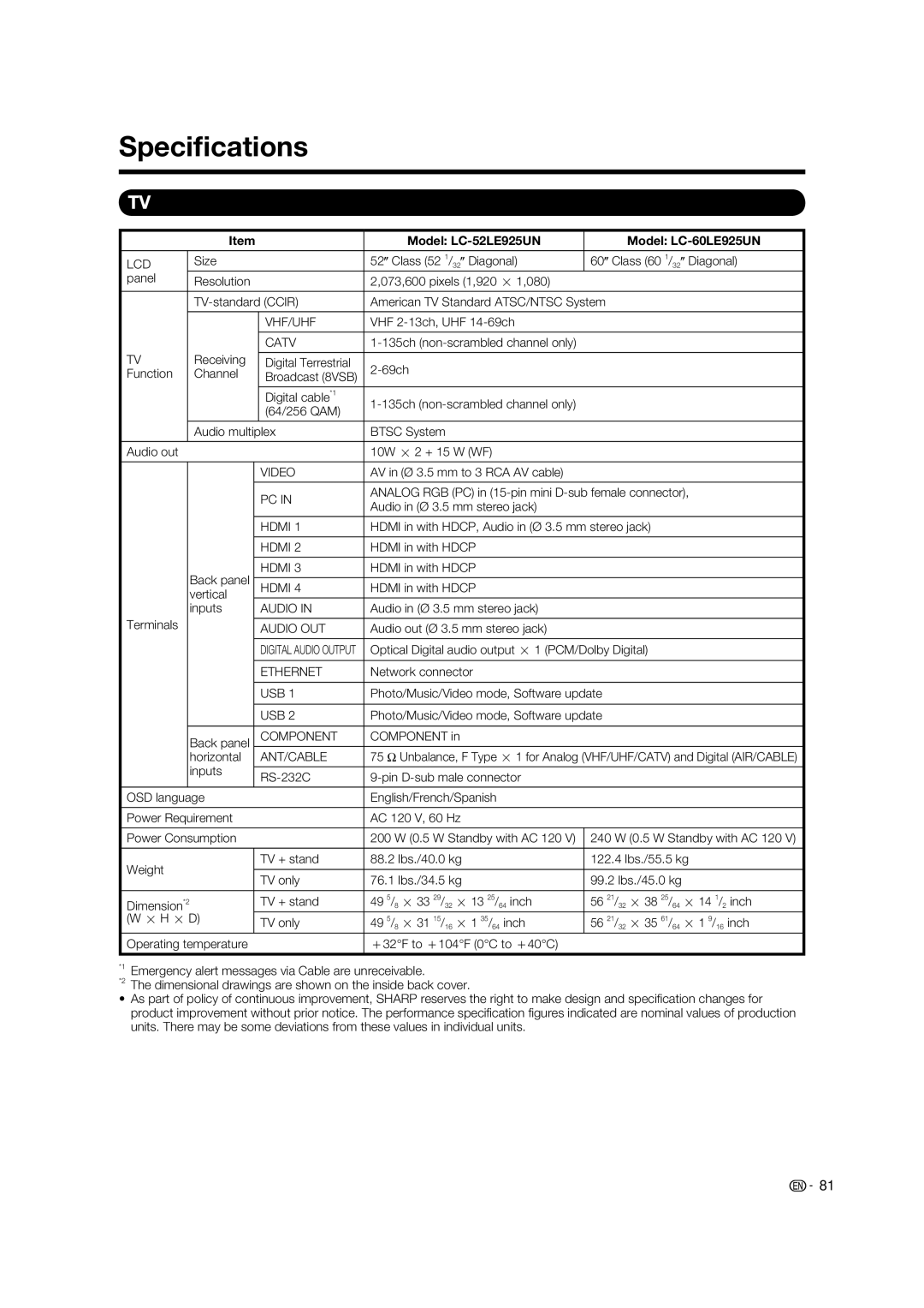 Sharp operation manual Speciﬁcations, Model LC-52LE925UN Model LC-60LE925UN 