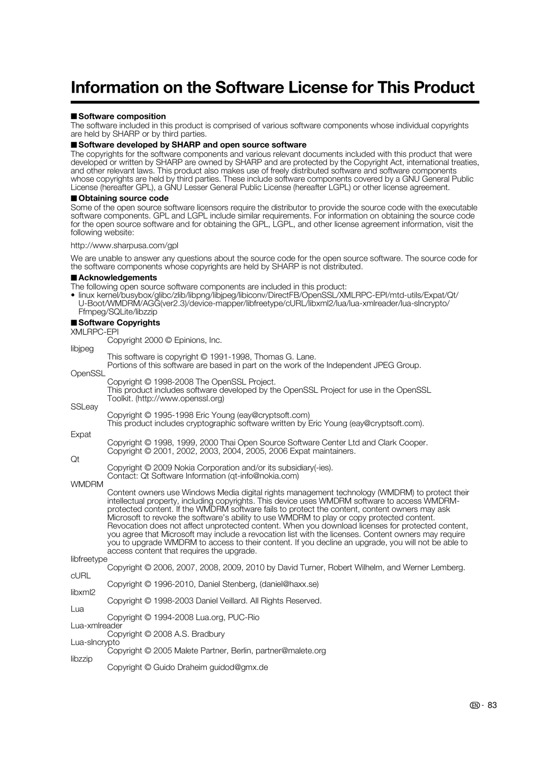 Sharp LC-52LE925UN operation manual Information on the Software License for This Product 