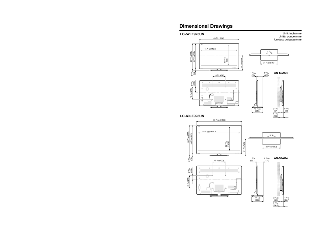 Sharp LC-52LE925UN operation manual Dimensional Drawings, 15/64 AN-52AG4, 55/64 AN-52AG4 