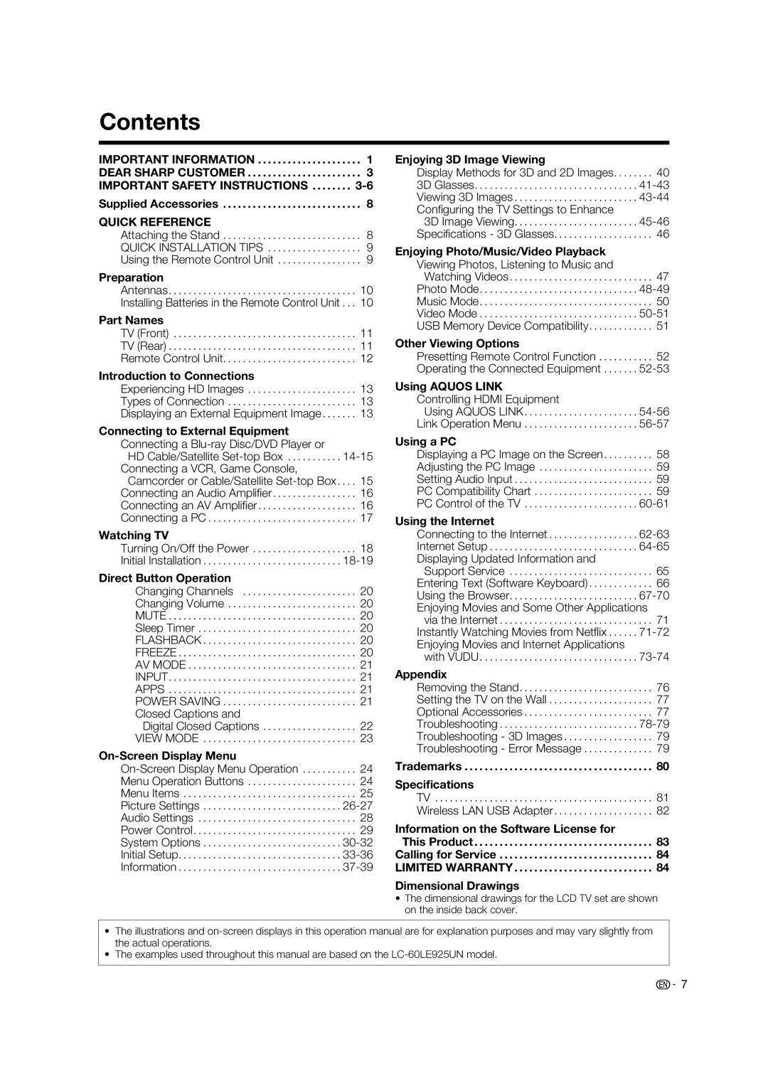 Sharp LC-52LE925UN operation manual Contents 