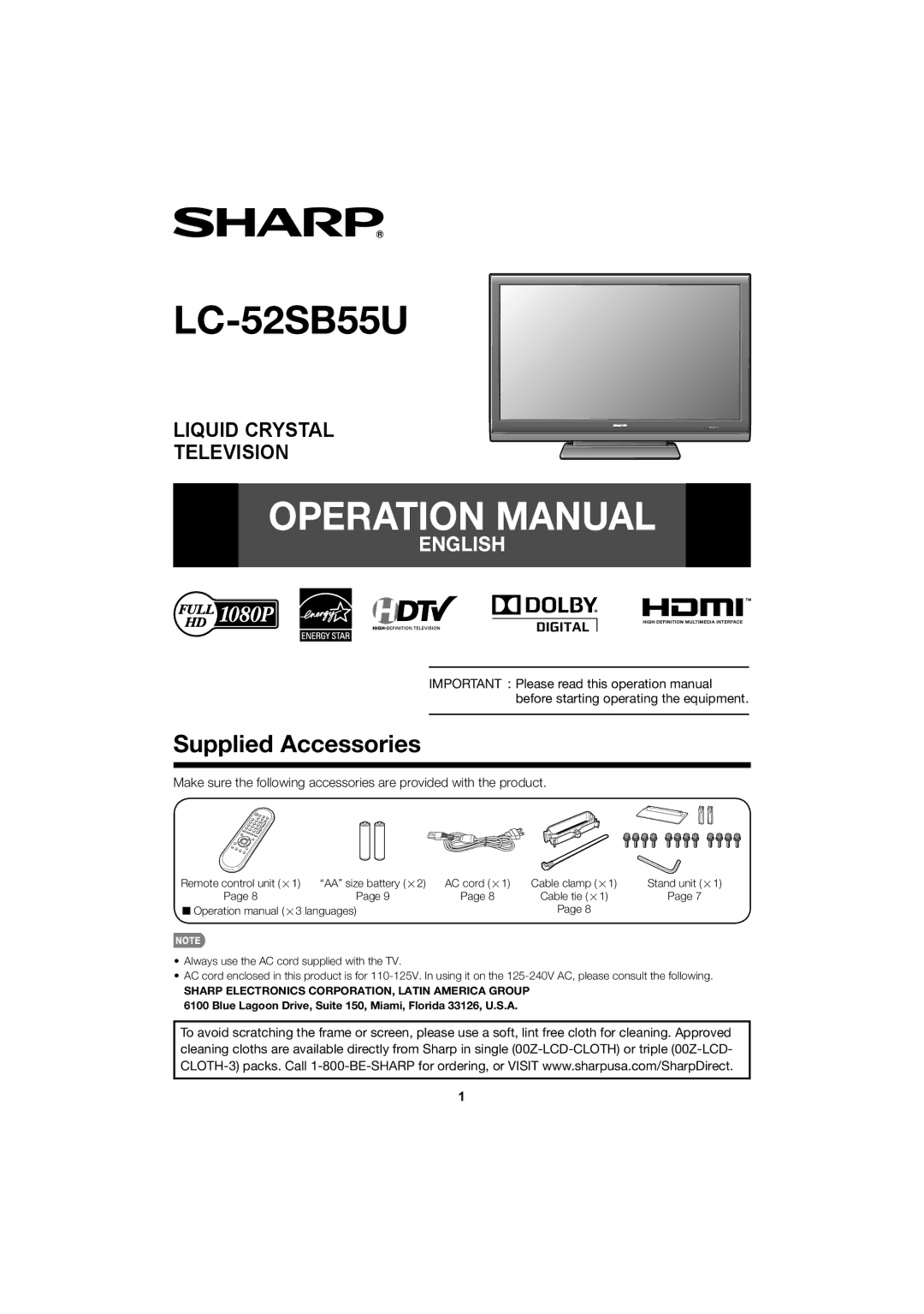 Sharp LC 52SB55U operation manual LC-52SB55U, Supplied Accessories 