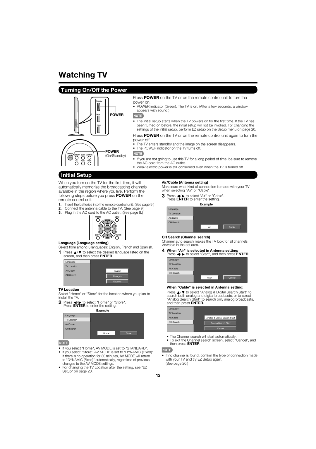 Sharp LC 52SB55U operation manual Watching TV, Turning On/Off the Power, Initial Setup 