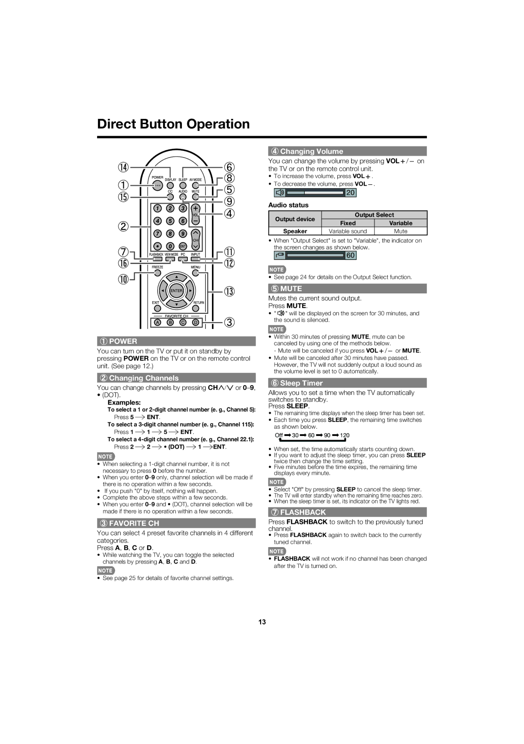 Sharp LC 52SB55U operation manual Direct Button Operation, Changing Volume, Changing Channels, Sleep Timer 