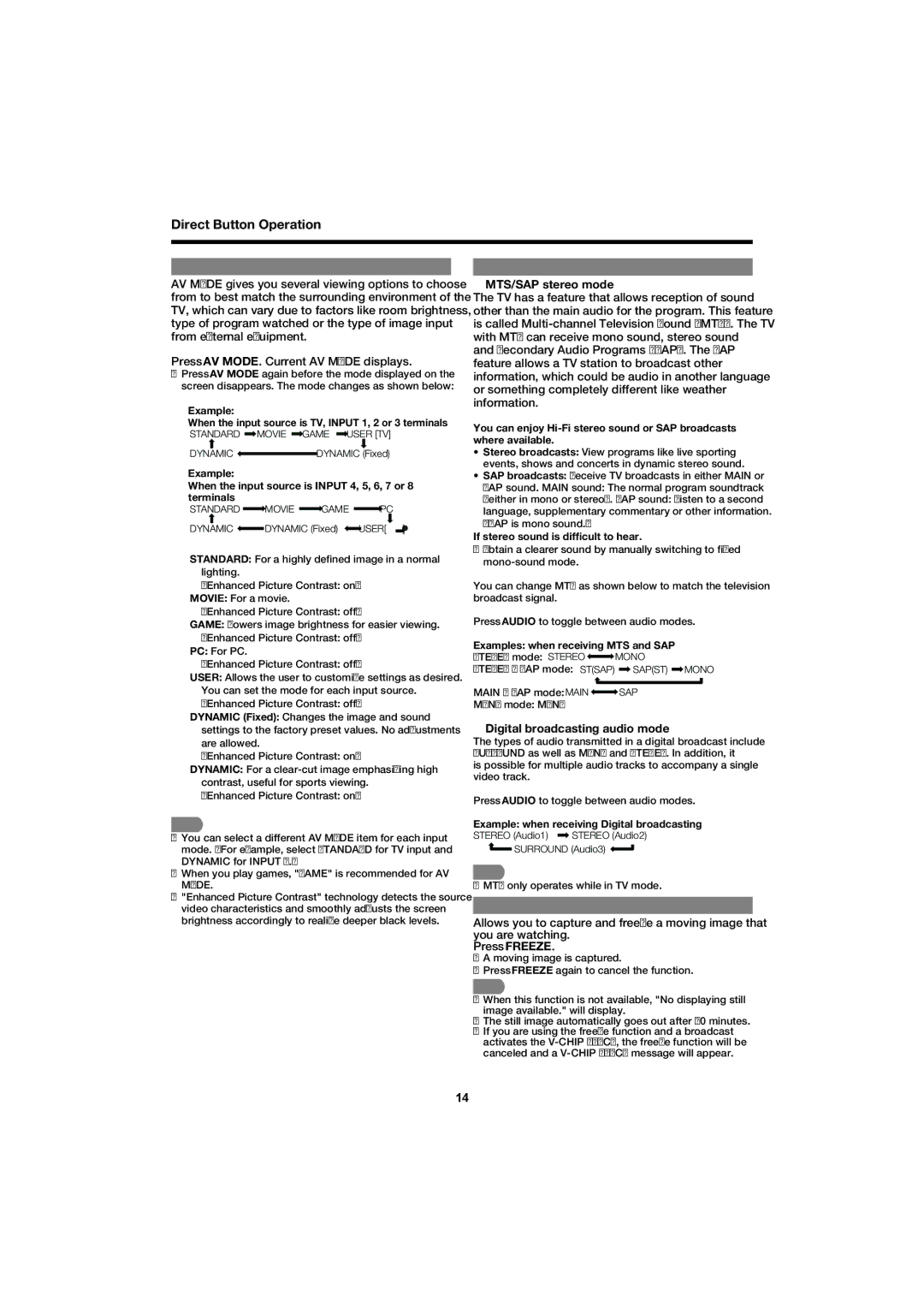 Sharp LC 52SB55U operation manual Direct Button Operation, Press AV MODE. Current AV Mode displays, MTS/SAP stereo mode 