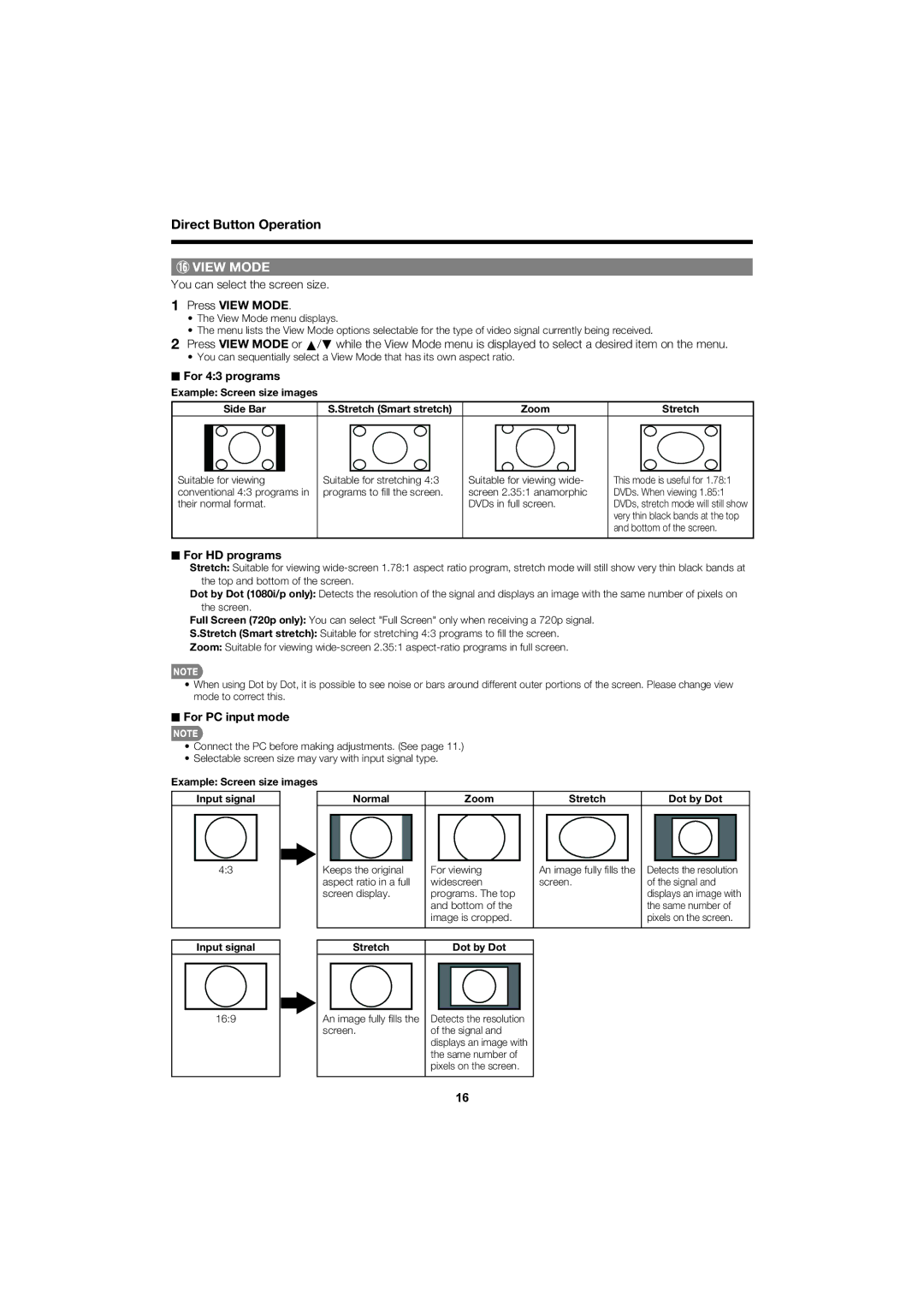 Sharp LC 52SB55U You can select the screen size, Press View Mode, For 43 programs, For HD programs, For PC input mode 