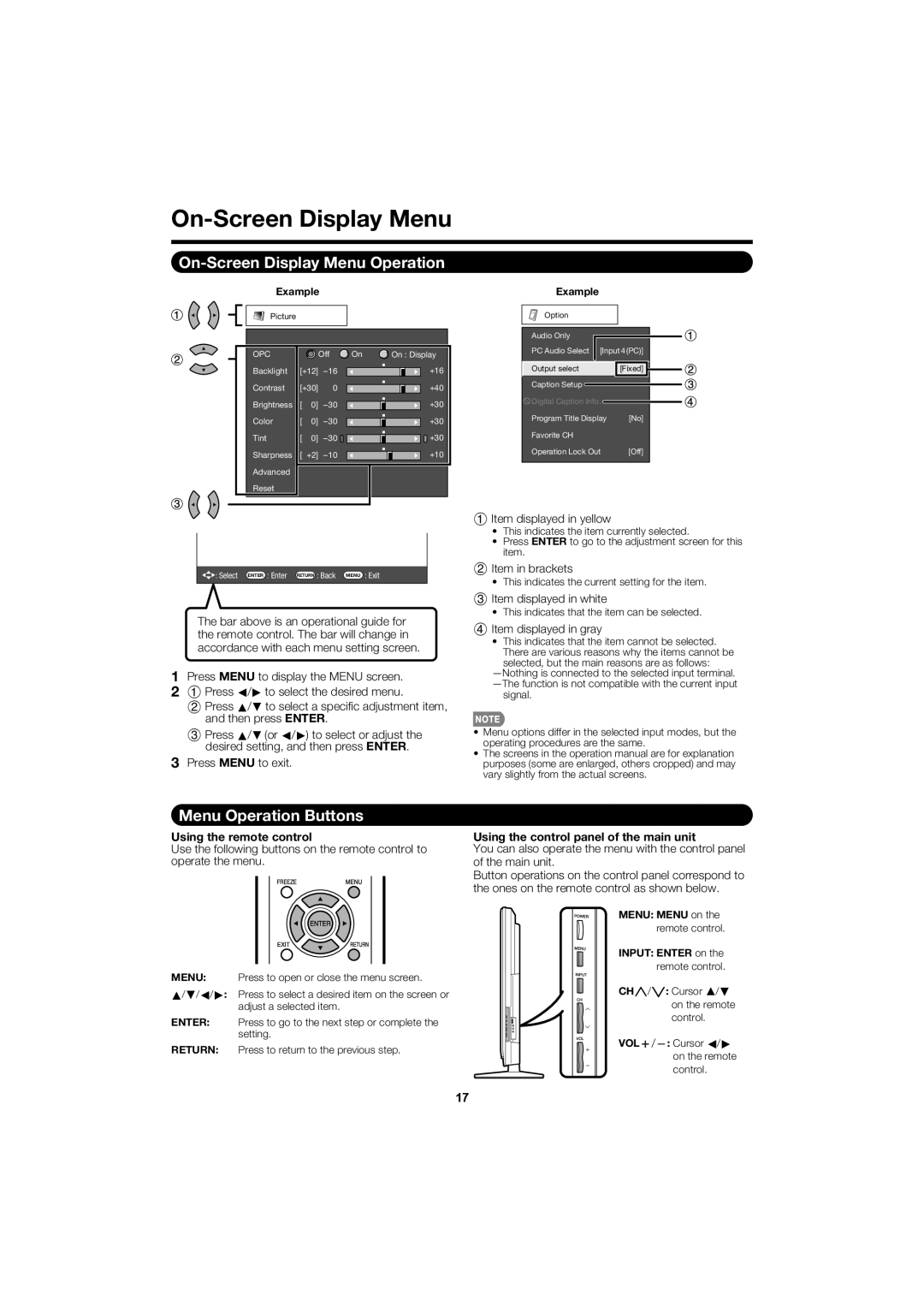 Sharp LC 52SB55U operation manual On-Screen Display Menu Operation, Menu Operation Buttons, Using the remote control 