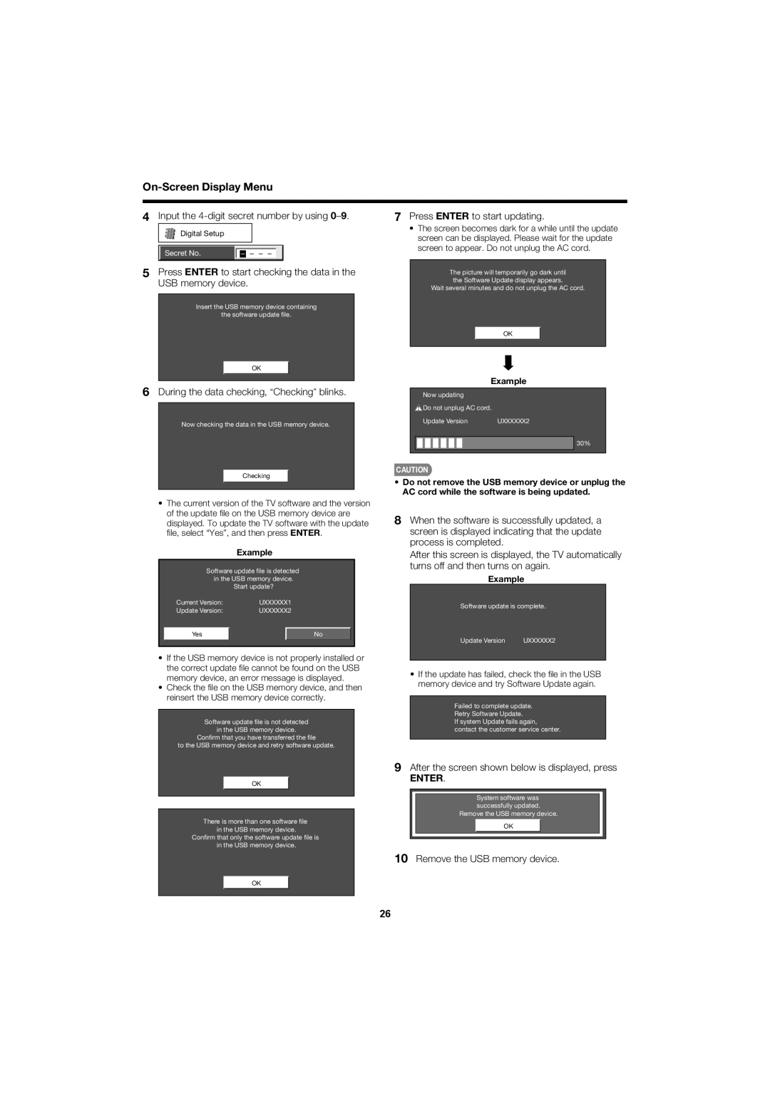 Sharp LC 52SB55U operation manual Input the 4-digit secret number by using, During the data checking, Checking blinks 