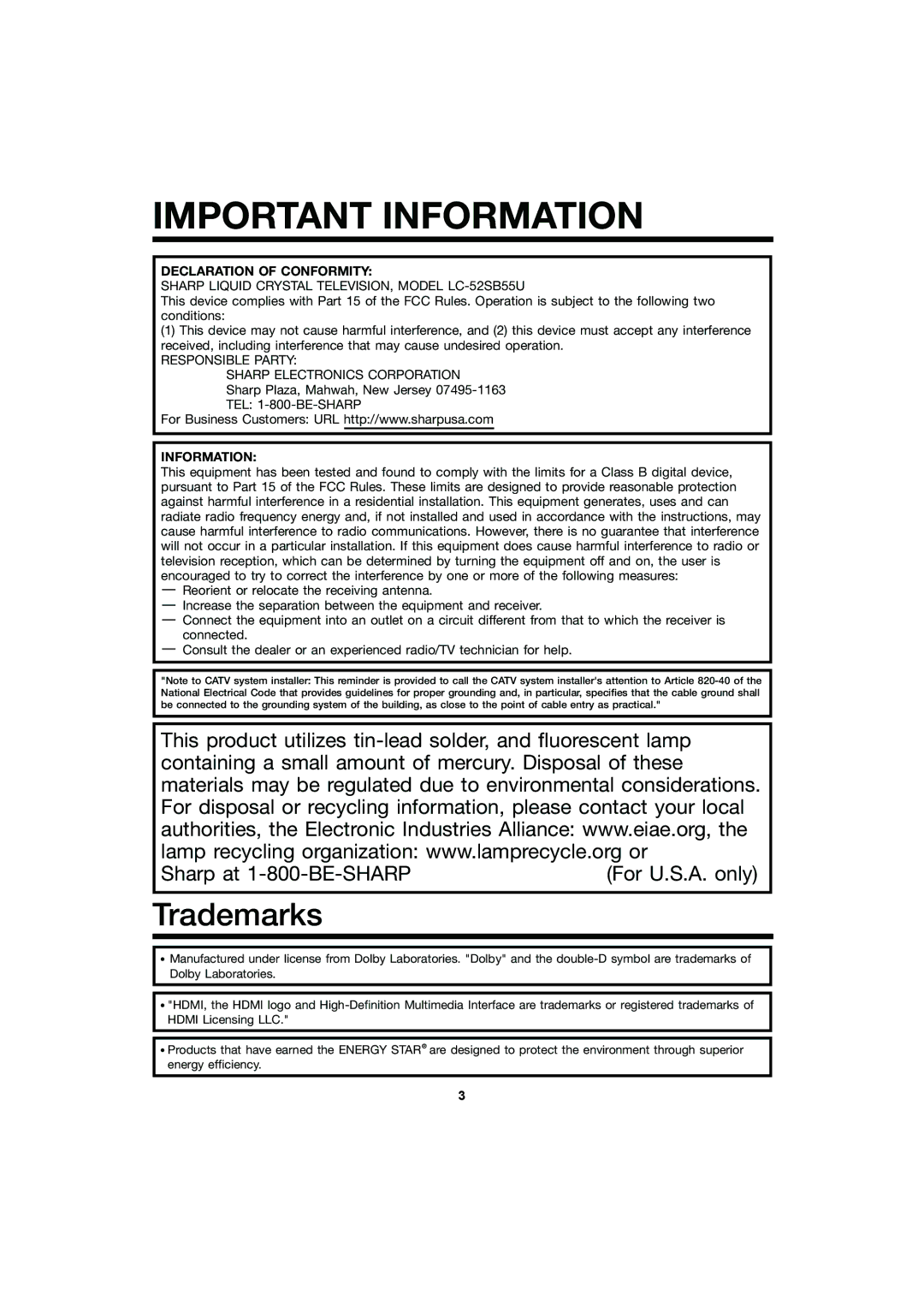 Sharp LC 52SB55U operation manual Important Information 