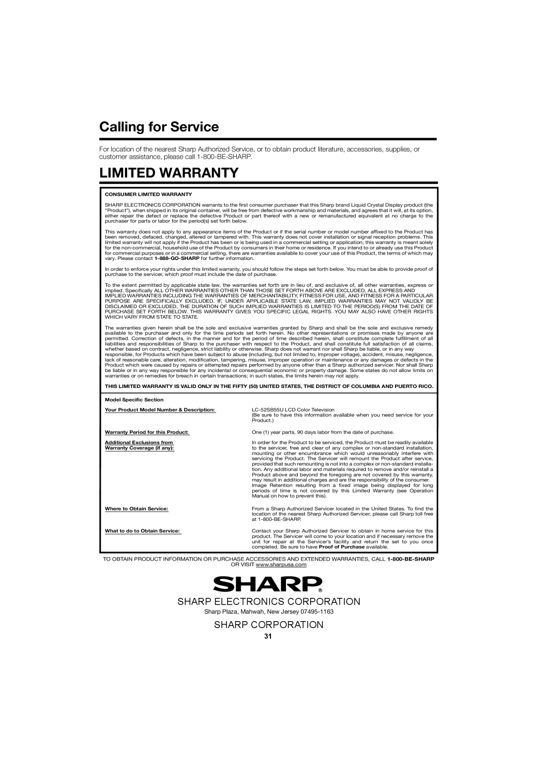 Sharp LC 52SB55U operation manual Calling for Service, Limited Warranty 