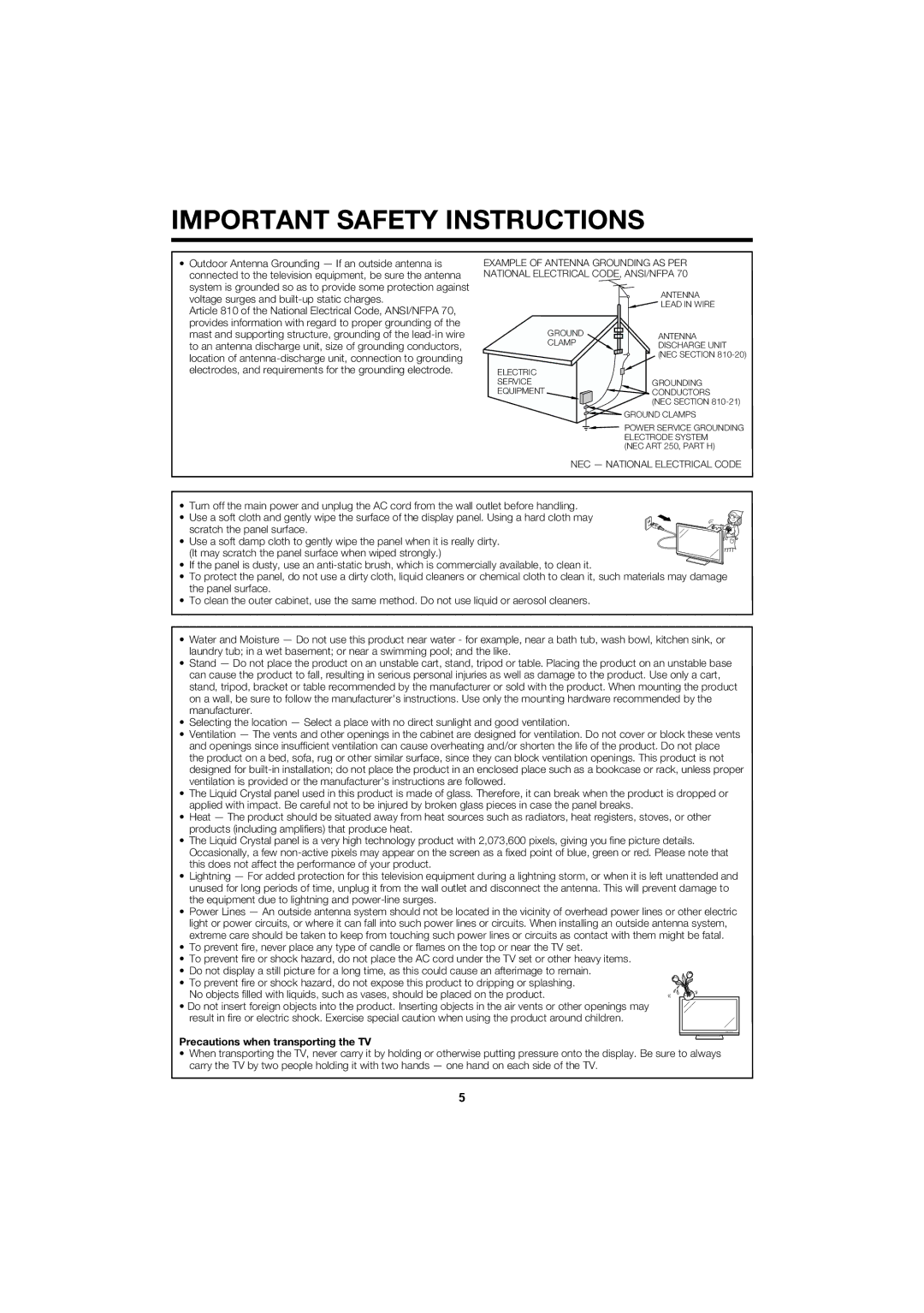 Sharp LC 52SB55U operation manual Precautions when transporting the TV 