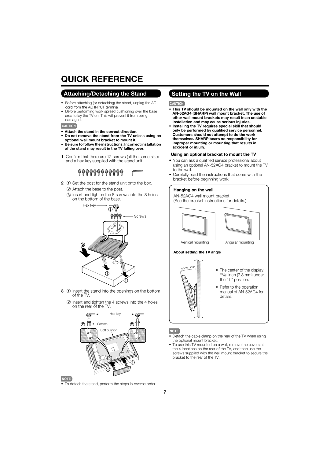 Sharp LC 52SB55U Attaching/Detaching the Stand, Setting the TV on the Wall, Using an optional bracket to mount the TV 