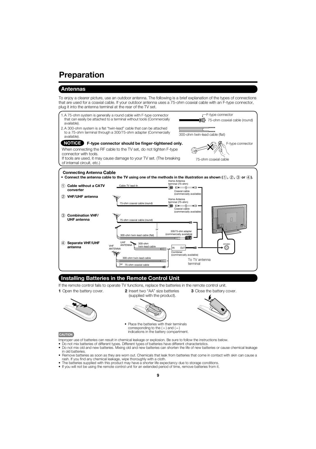 Sharp LC 52SB55U Preparation, Antennas, Installing Batteries in the Remote Control Unit, Connecting Antenna Cable 