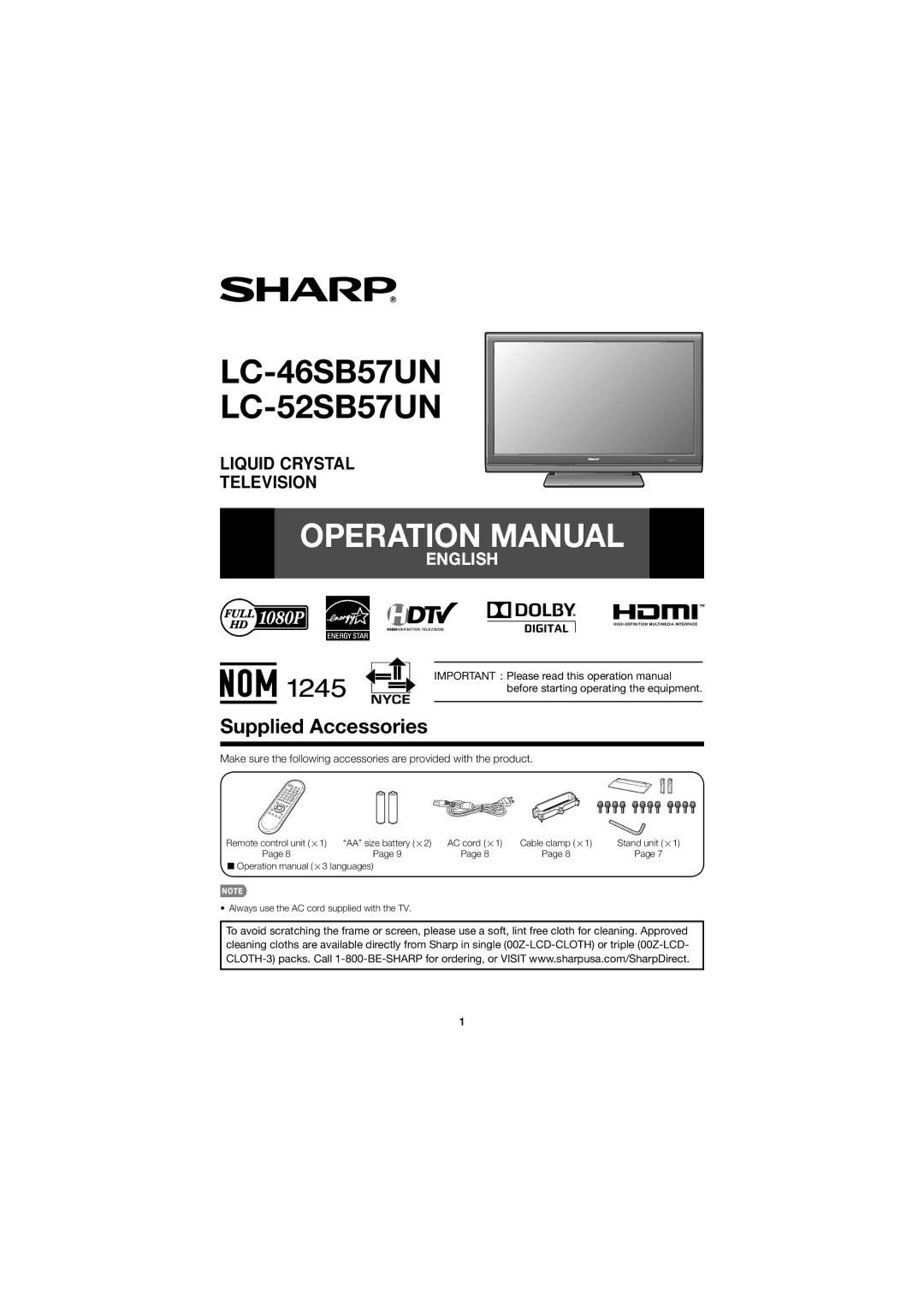 Sharp LC 46SB57UN, LC 52SB57UN operation manual LC-46SB57UN LC-52SB57UN, Supplied Accessories 