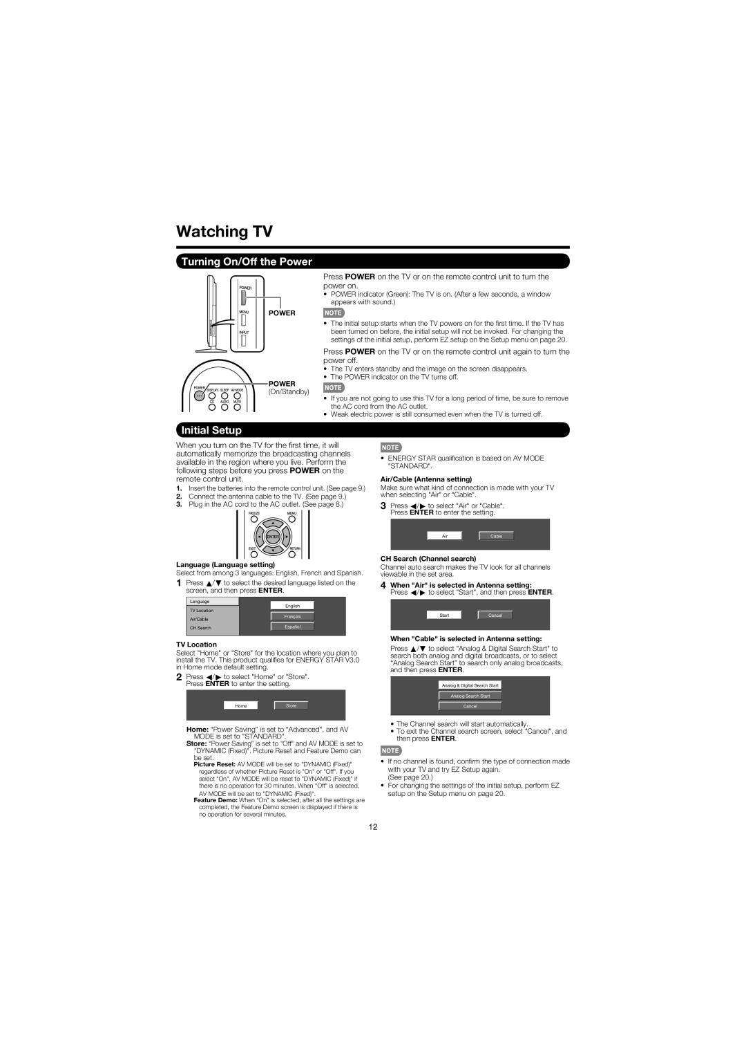 Sharp LC 52SB57UN, LC 46SB57UN operation manual Watching TV, Turning On/Off the Power, Initial Setup 