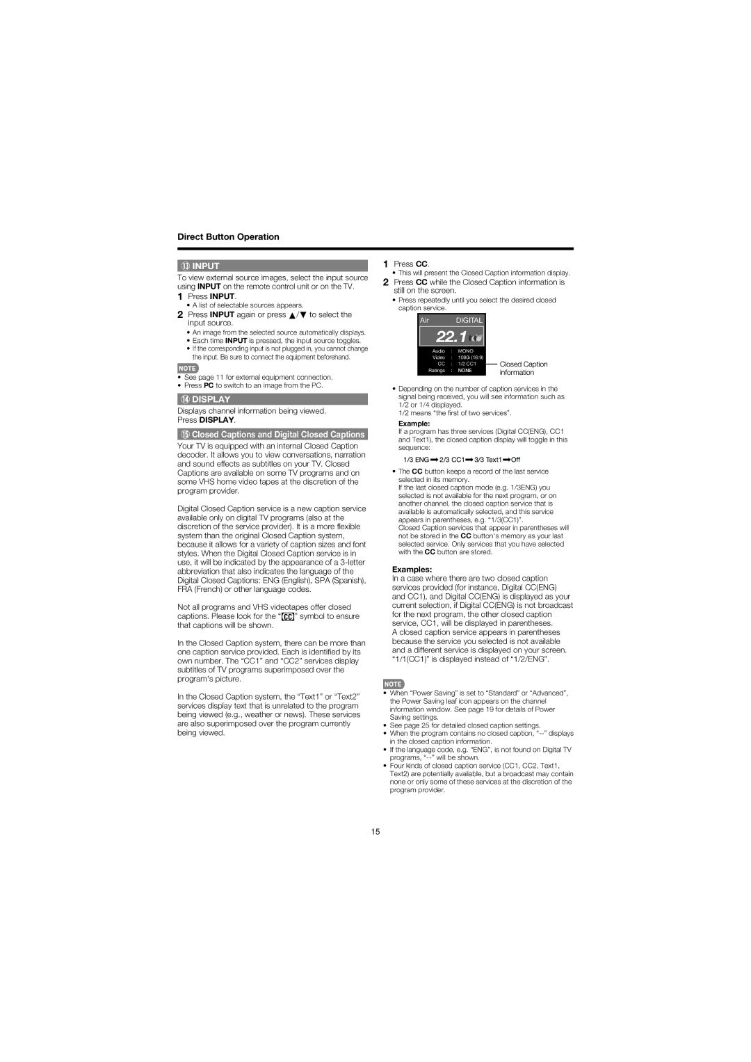 Sharp LC 46SB57UN, LC 52SB57UN Press Input again or press a/b to select the input source, Press CC, Example 