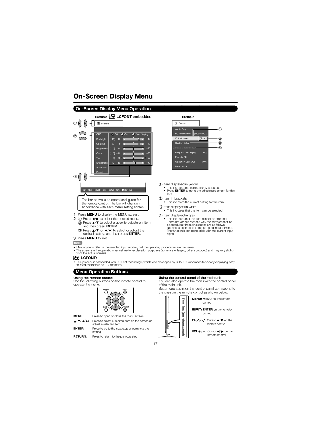 Sharp LC 46SB57UN, LC 52SB57UN operation manual On-Screen Display Menu Operation, Menu Operation Buttons, Lcfont 