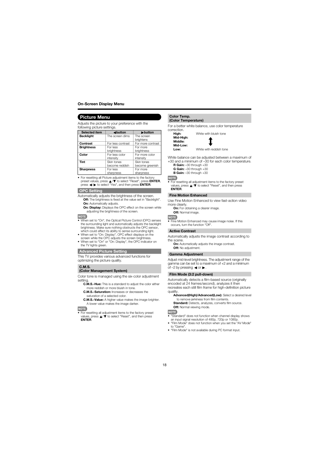 Sharp LC 52SB57UN, LC 46SB57UN operation manual Picture Menu, OPC Setting, Advanced Picture Setting 