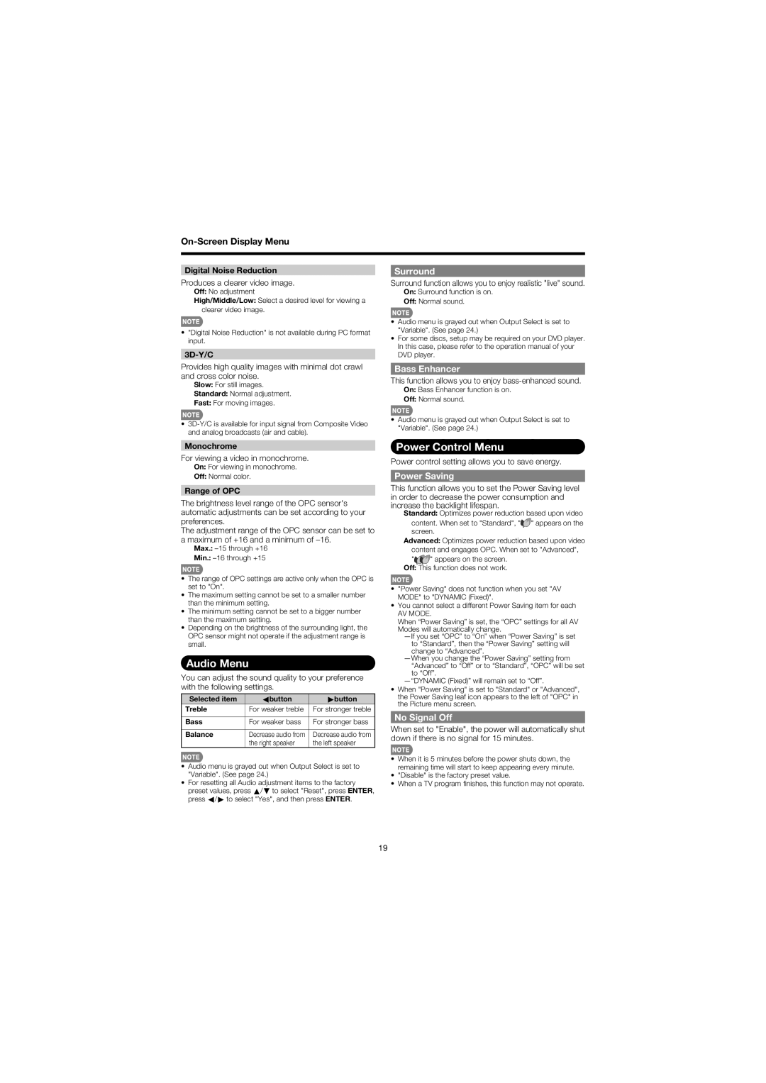 Sharp LC 46SB57UN, LC 52SB57UN operation manual Audio Menu, Power Control Menu 