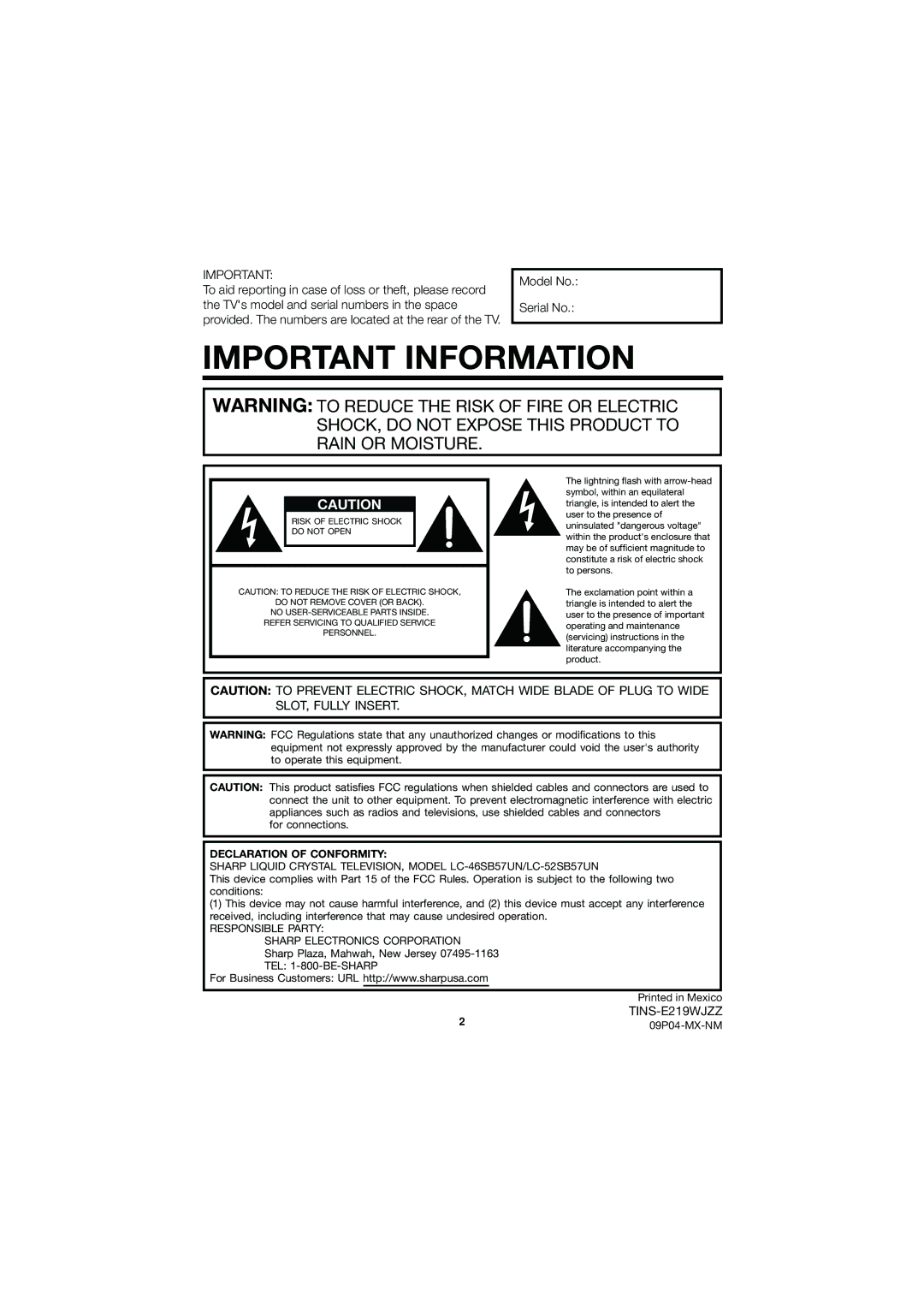 Sharp LC 52SB57UN, LC 46SB57UN operation manual For connections, Declaration of Conformity, 09P04-MX-NM 