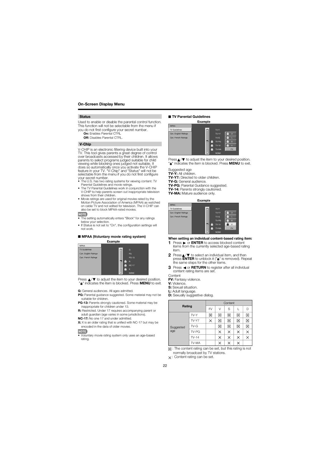 Sharp LC 52SB57UN On-Screen Display Menu Status, Chip, Mpaa Voluntary movie rating system, TV Parental Guidelines 