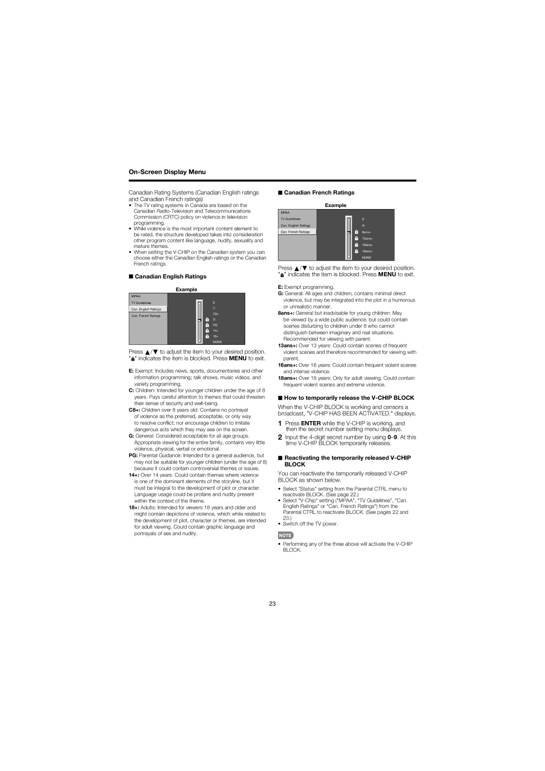 Sharp LC 46SB57UN Canadian English Ratings, Canadian French Ratings, How to temporarily release the V-CHIP Block 