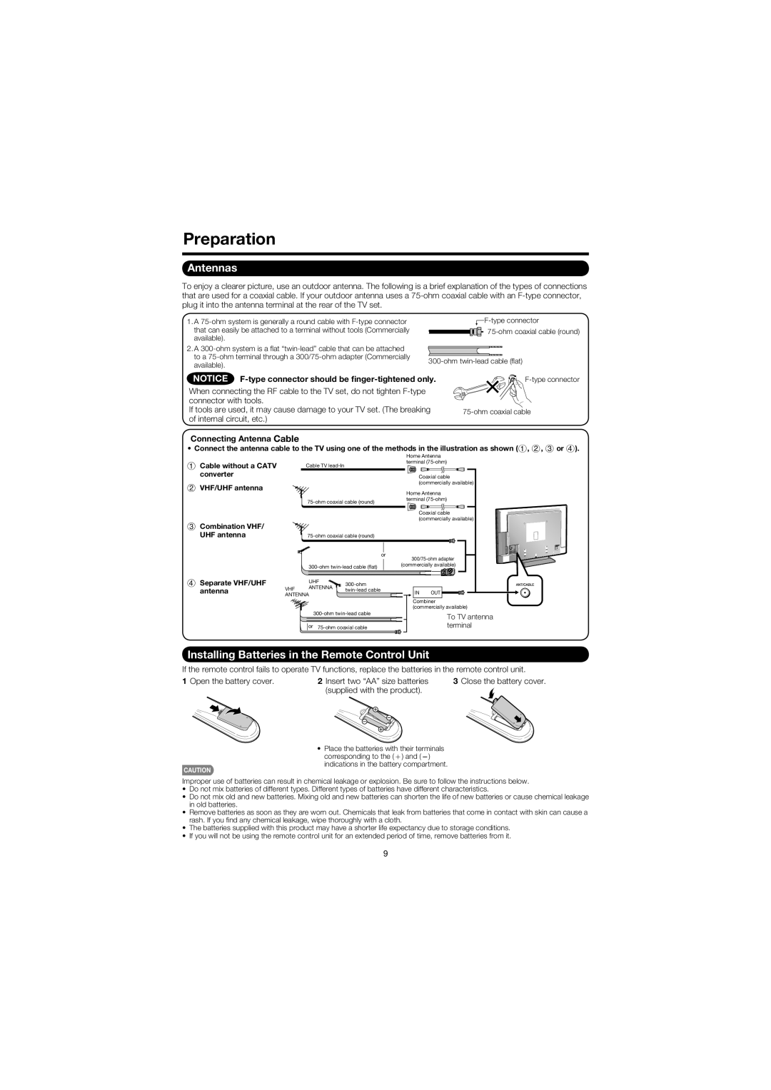 Sharp LC 46SB57UN Preparation, Antennas, Installing Batteries in the Remote Control Unit, Connecting Antenna Cable 