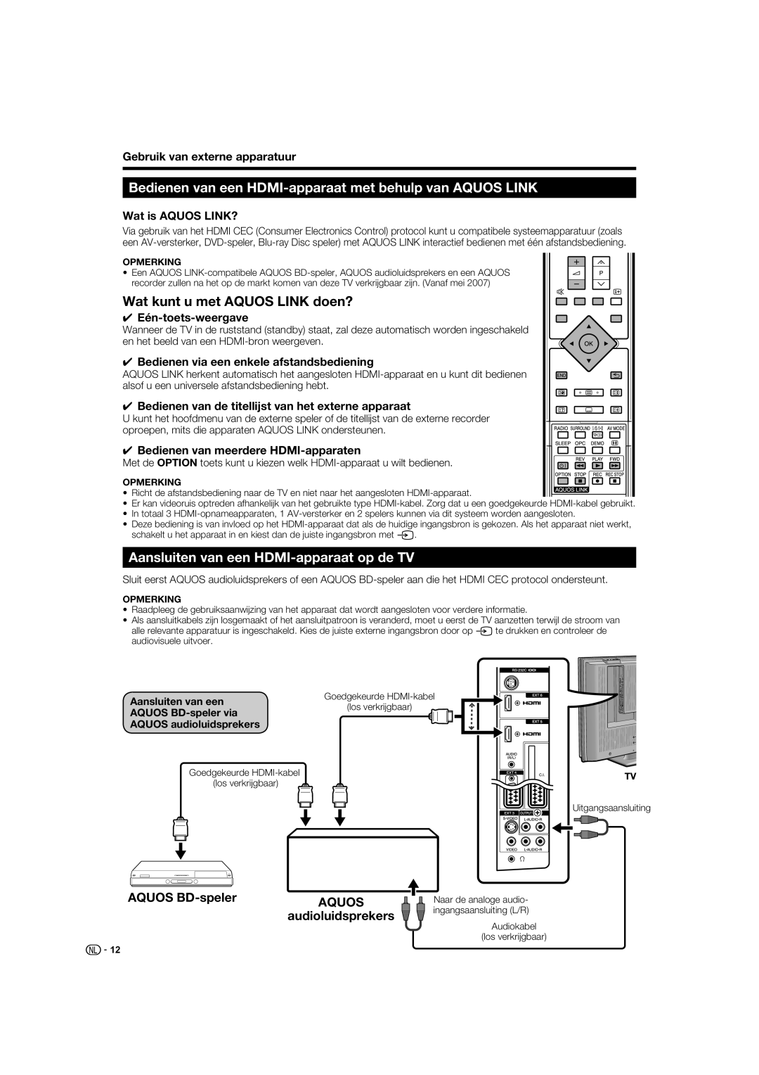 Sharp LC-52XL1S operation manual Bedienen van een HDMI-apparaat met behulp van Aquos Link, Wat kunt u met Aquos Link doen? 