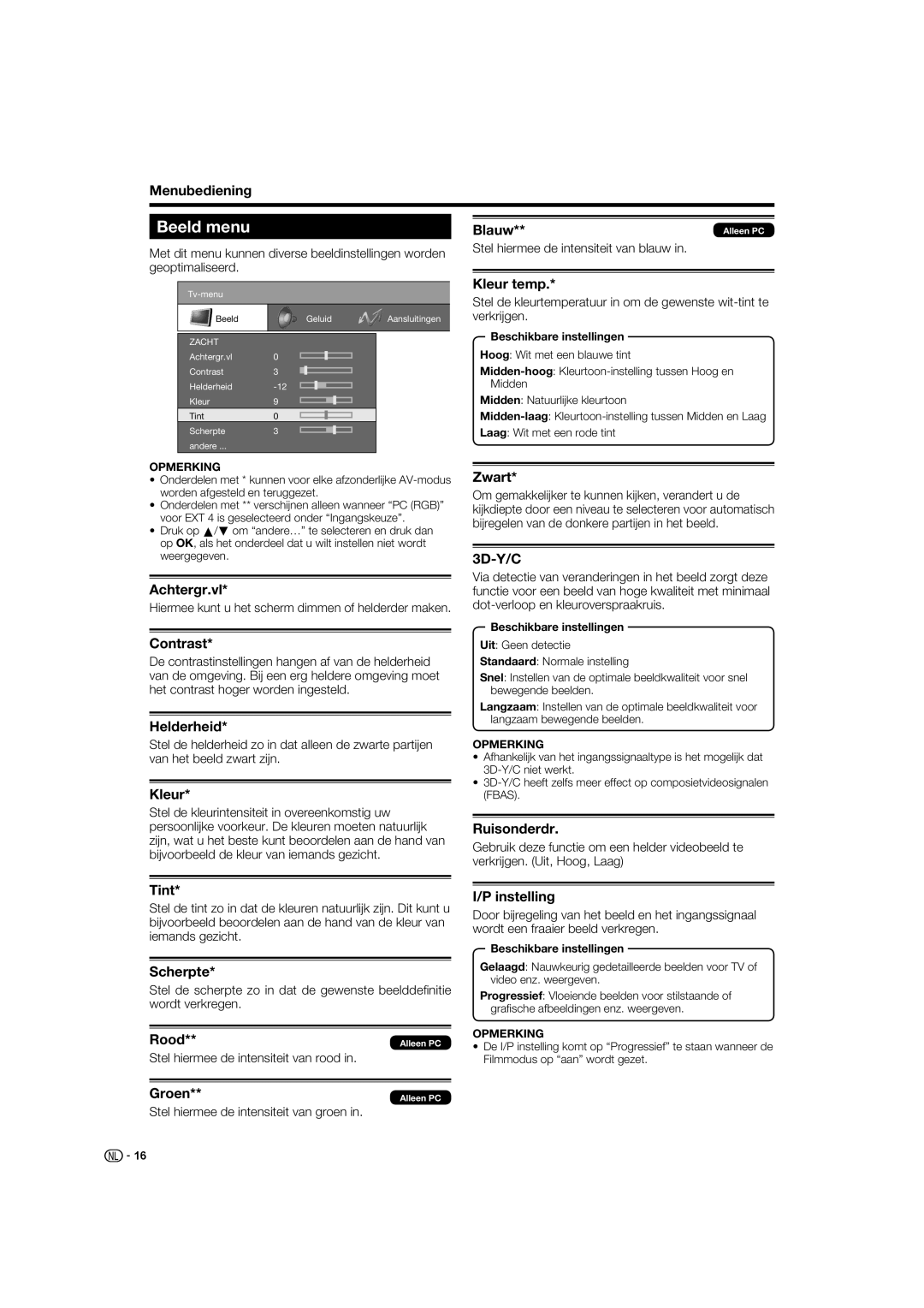 Sharp LC-52XL1S operation manual Beeld menu 