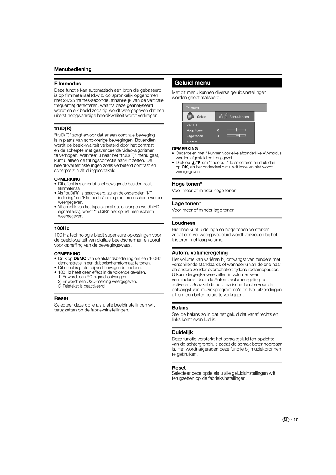 Sharp LC-52XL1S operation manual Geluid menu 