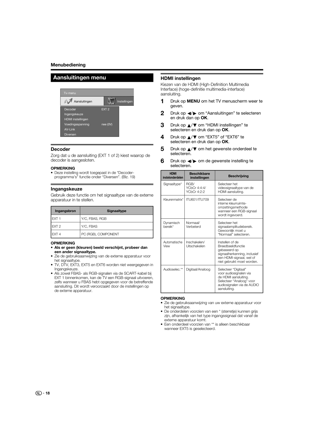 Sharp LC-52XL1S operation manual Aansluitingen menu, Hdmi instellingen, Decoder, Ingangskeuze 