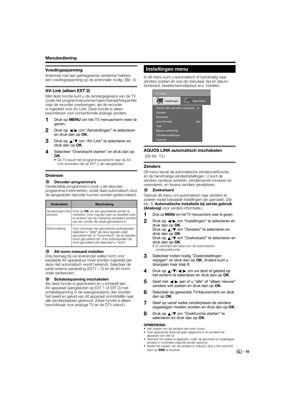 Sharp LC-52XL1S operation manual Instellingen menu, Voedingsspanning, AV-Link alleen EXT, Diversen, Zenders 