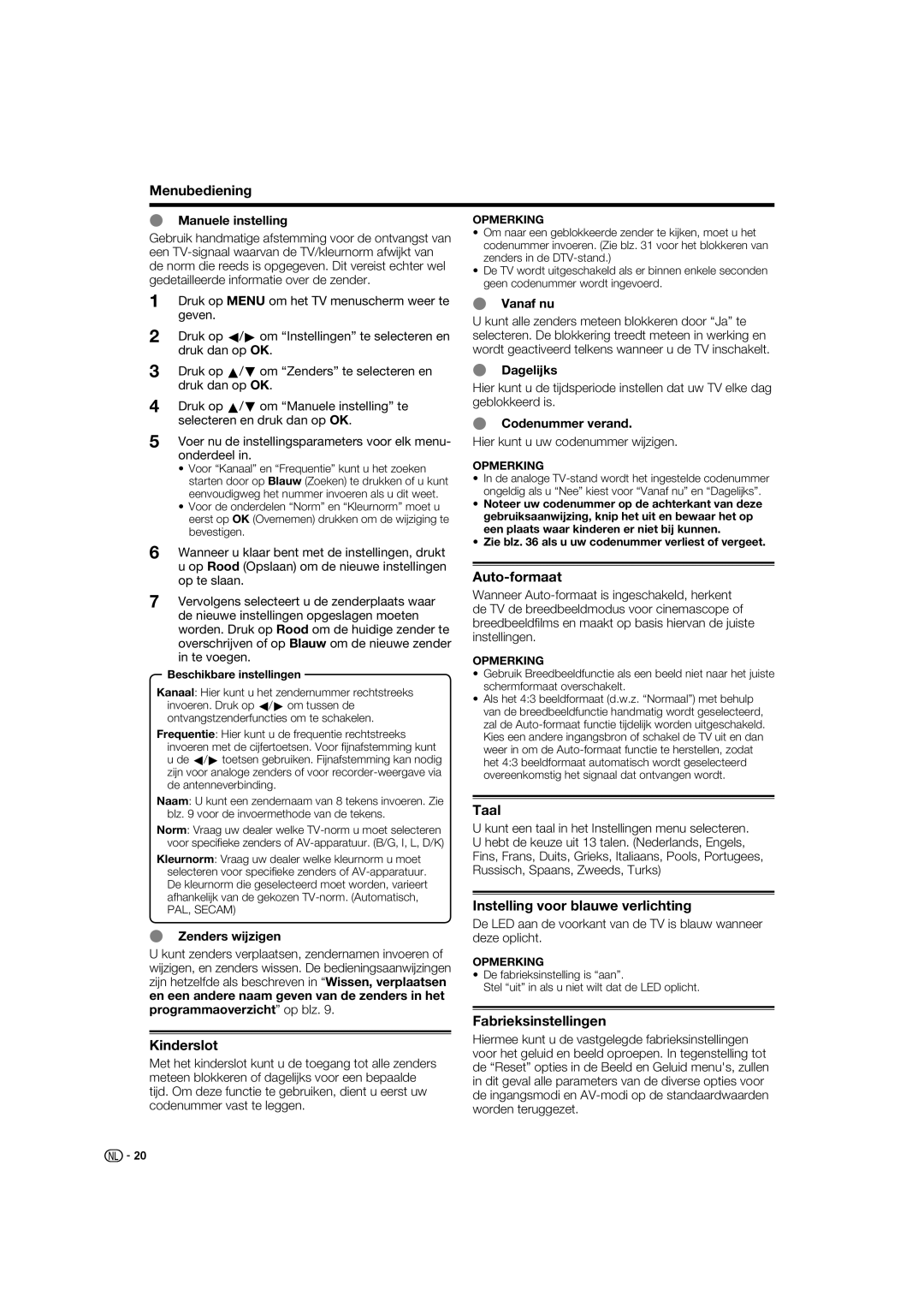 Sharp LC-52XL1S operation manual Auto-formaat, Taal, Instelling voor blauwe verlichting, Fabrieksinstellingen, Kinderslot 