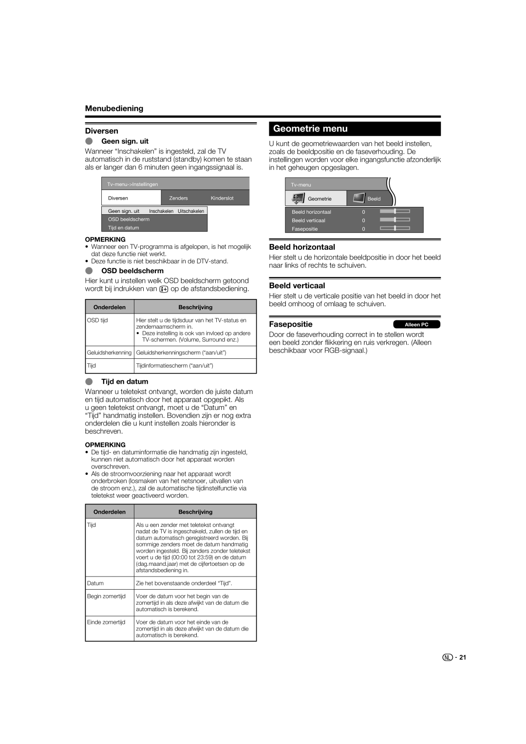 Sharp LC-52XL1S operation manual Geometrie menu, Menubediening Diversen, Beeld horizontaal, Beeld verticaal 