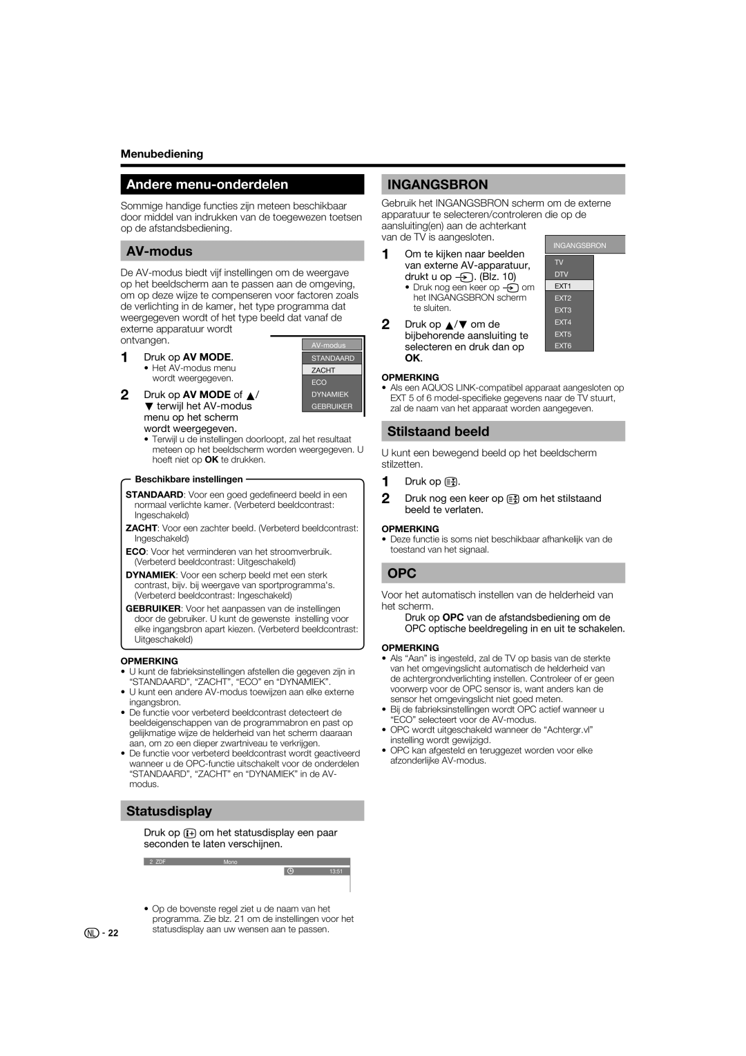 Sharp LC-52XL1S operation manual Andere menu-onderdelen, AV-modus, Statusdisplay, Stilstaand beeld 