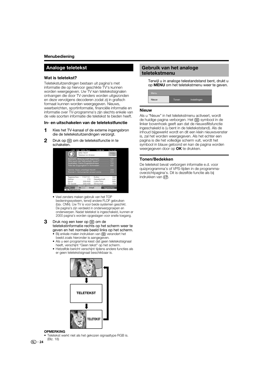 Sharp LC-52XL1S operation manual Analoge teletekst, Gebruik van het analoge teletekstmenu 