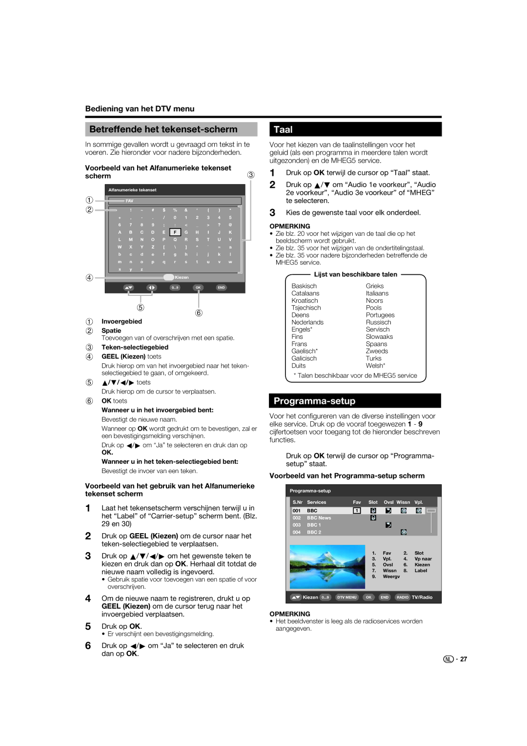 Sharp LC-52XL1S operation manual Betreffende het tekenset-scherm, Taal, Programma-setup, Bediening van het DTV menu 