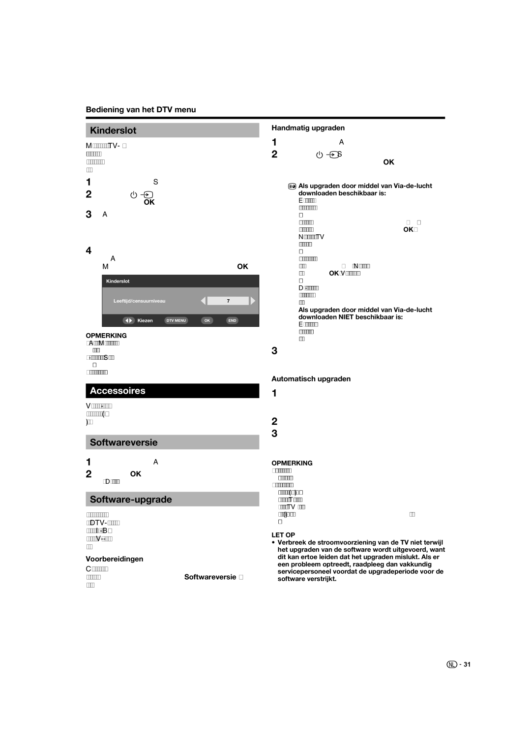 Sharp LC-52XL1S operation manual Kinderslot, Accessoires, Softwareversie, Software-upgrade 