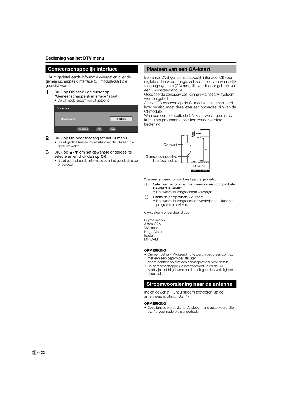 Sharp LC-52XL1S operation manual Gemeenschappelijk interface, Plaatsen van een CA-kaart, Stroomvoorziening naar de antenne 