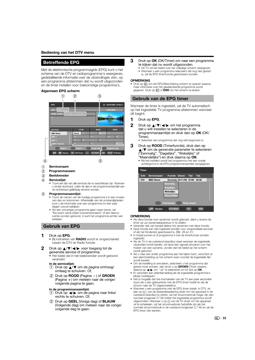 Sharp LC-52XL1S Betreffende EPG, Gebruik van de EPG timer, Gebruik van EPG, Druk op OK OK/Timer om naar een programma 