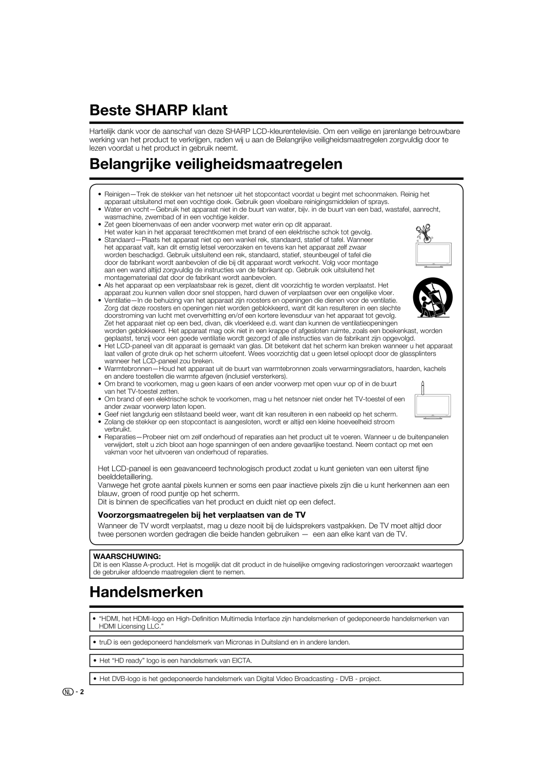 Sharp LC-52XL1S operation manual Beste Sharp klant, Belangrijke veiligheidsmaatregelen, Handelsmerken 