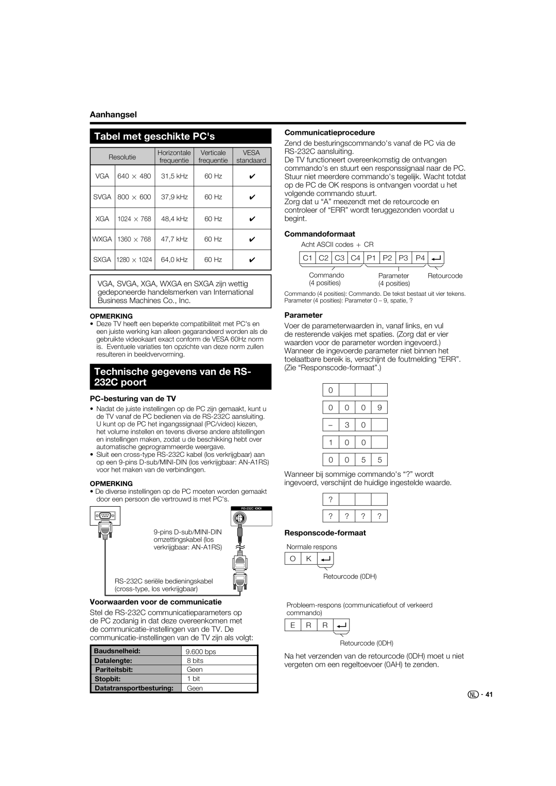 Sharp LC-52XL1S operation manual Tabel met geschikte PCs, Technische gegevens van de RS- 232C poort 