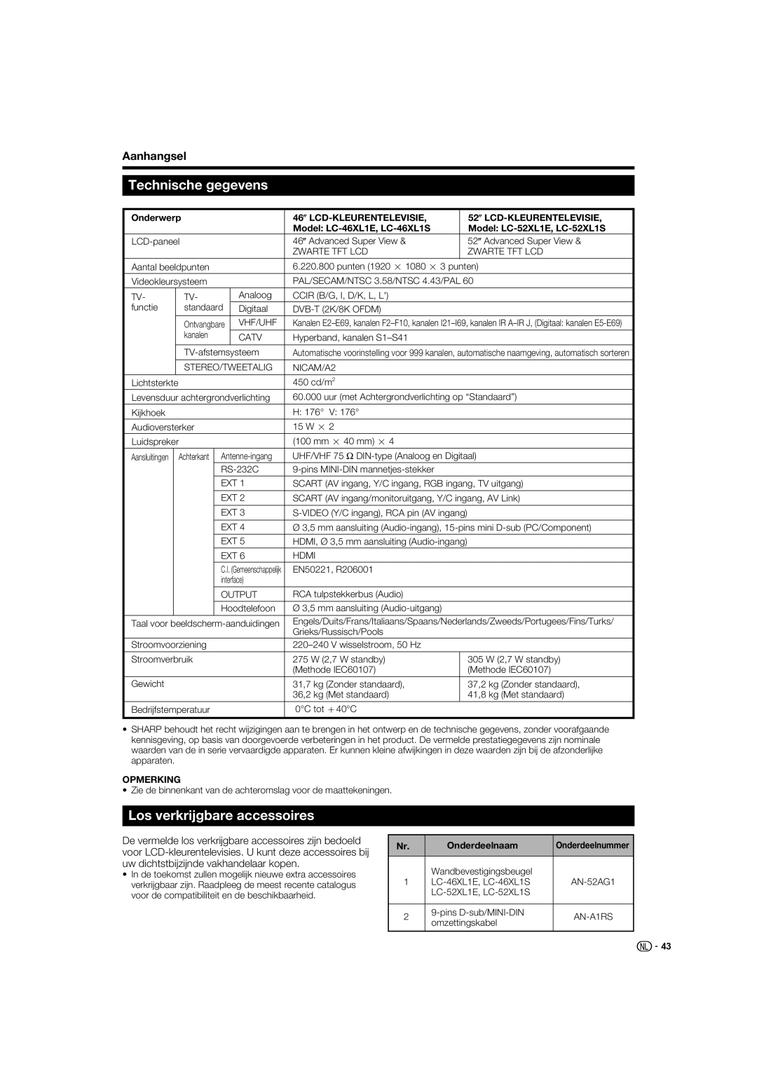 Sharp LC-52XL1S operation manual Technische gegevens, Los verkrijgbare accessoires, Onderdeelnaam 