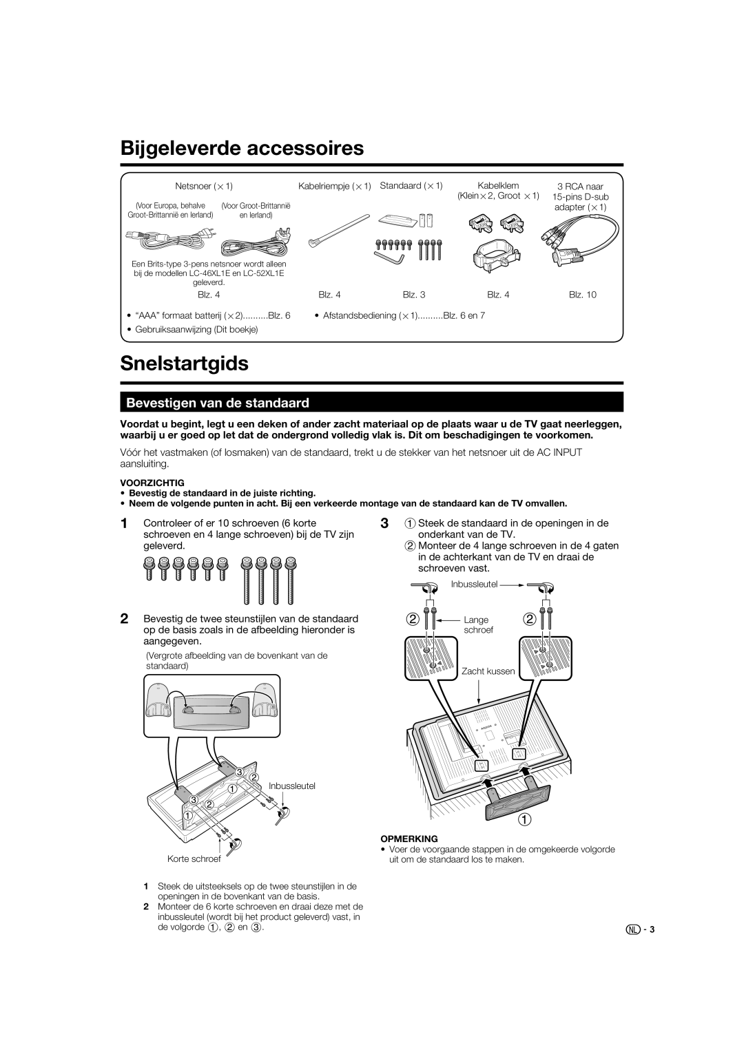 Sharp LC-52XL1S operation manual Bijgeleverde accessoires, Snelstartgids, Bevestigen van de standaard 