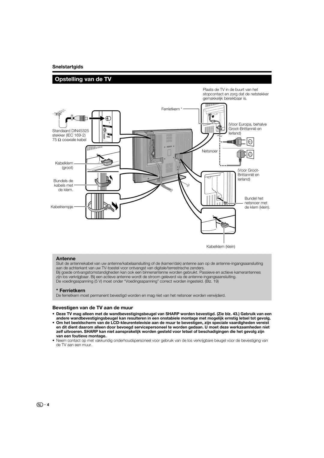 Sharp LC-52XL1S Opstelling van de TV, Snelstartgids, Antenne, Ferrietkern, Bevestigen van de TV aan de muur 