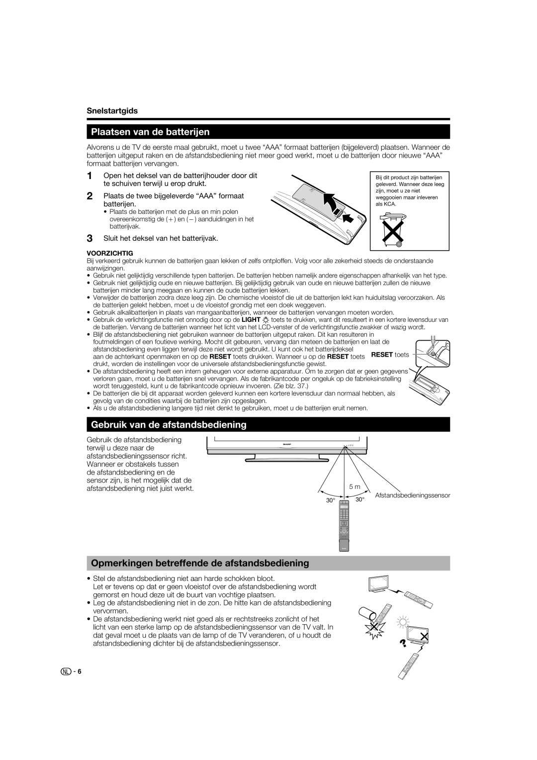 Sharp LC-52XL1S Plaatsen van de batterijen, Gebruik van de afstandsbediening, Opmerkingen betreffende de afstandsbediening 