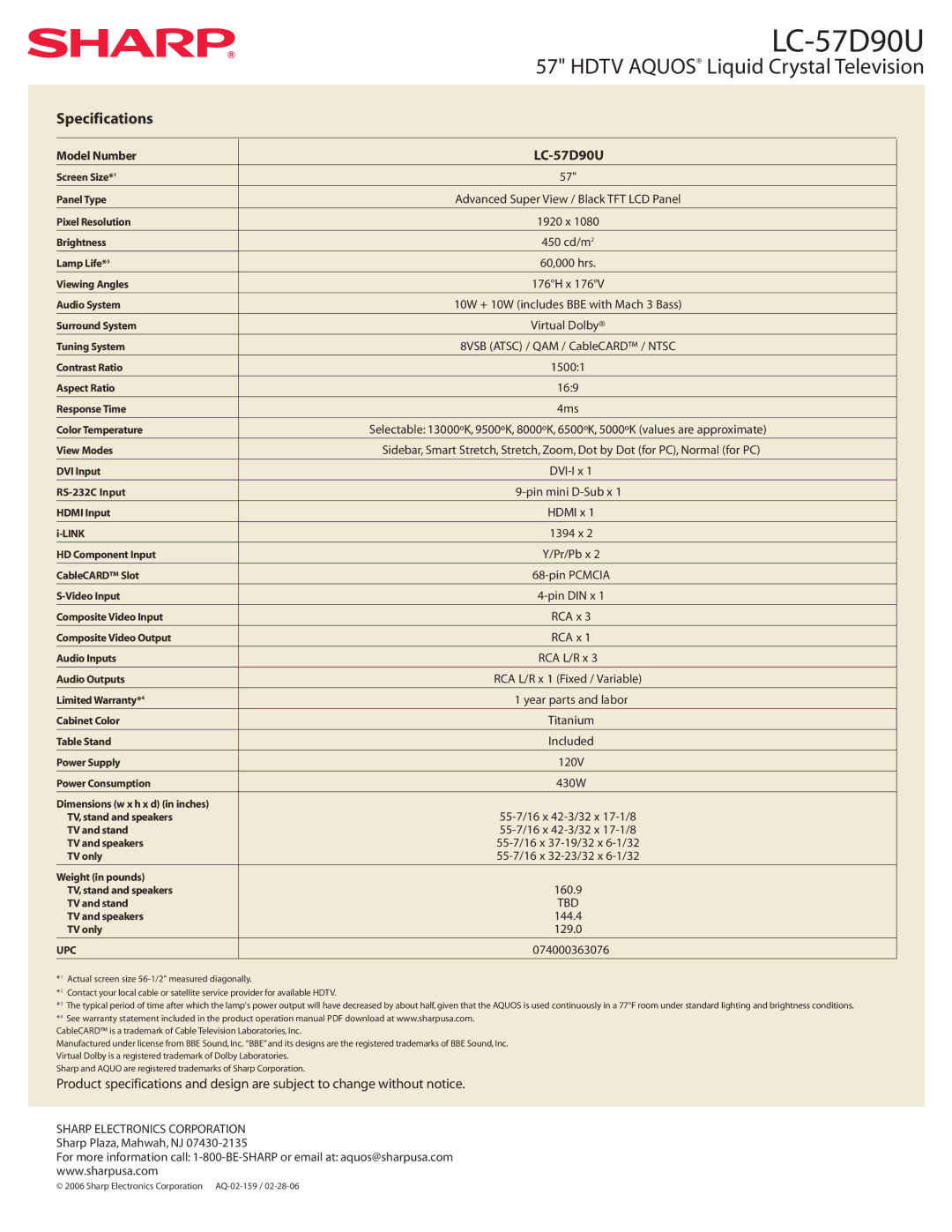 Sharp LC 57D90U manual Specifications, Model Number LC-57D90U 