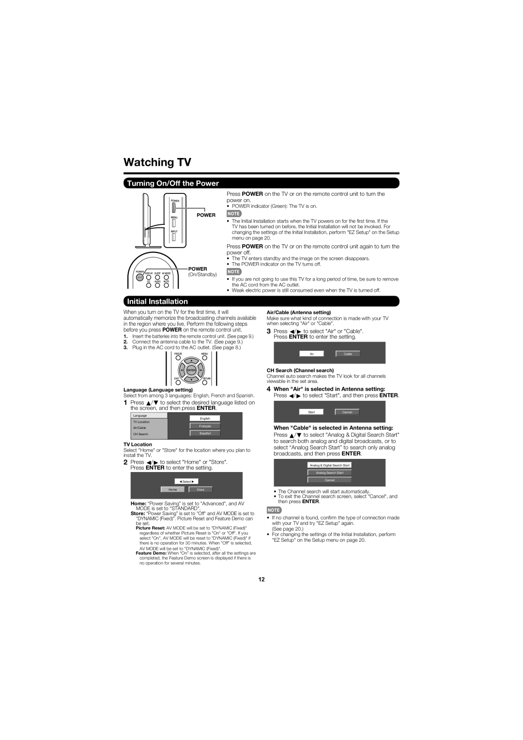 Sharp LC-60E79U Watching TV, Turning On/Off the Power, Initial Installation, When Air is selected in Antenna setting 