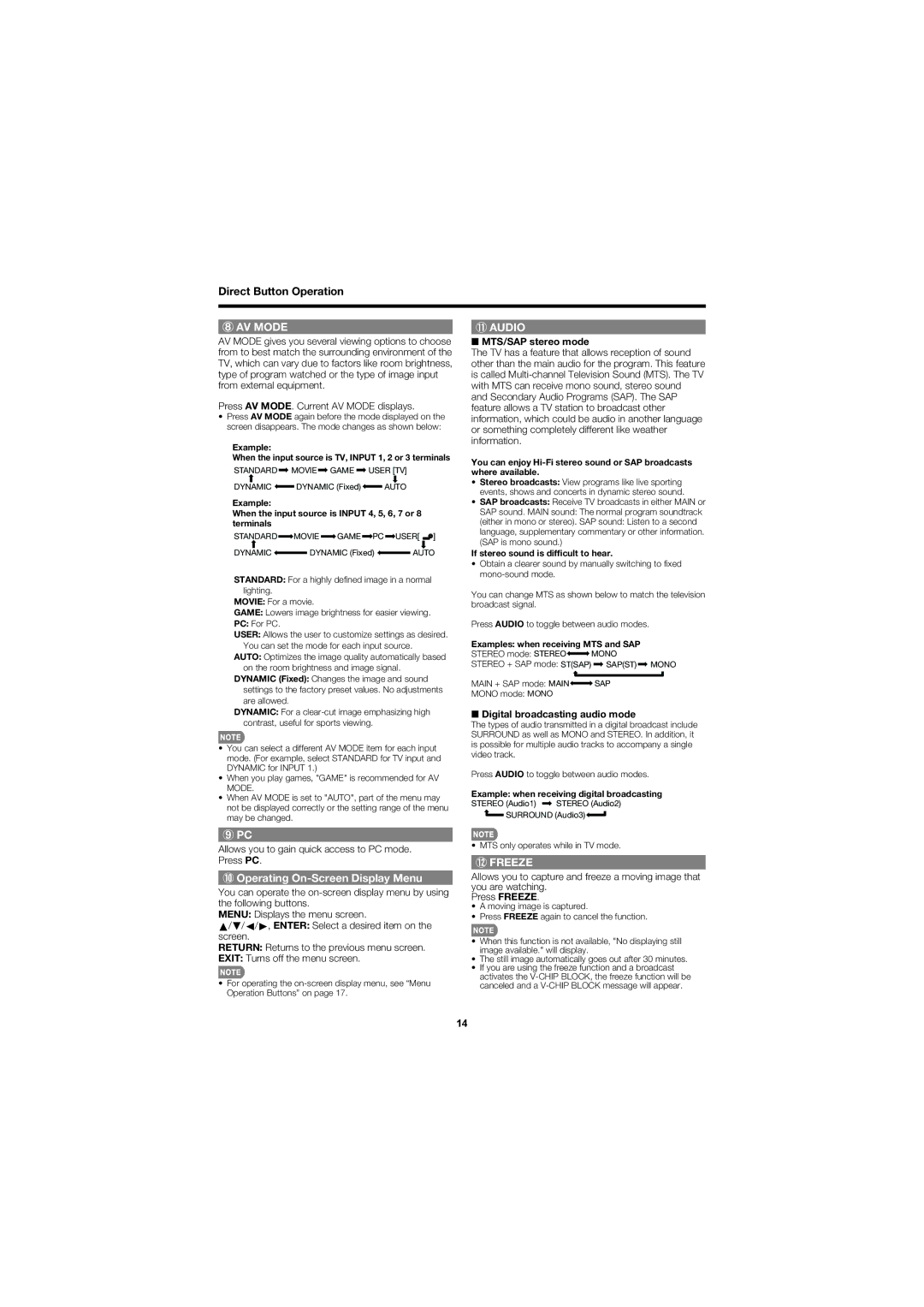 Sharp LC-60E79U operation manual Direct Button Operation, MTS/SAP stereo mode, Digital broadcasting audio mode 