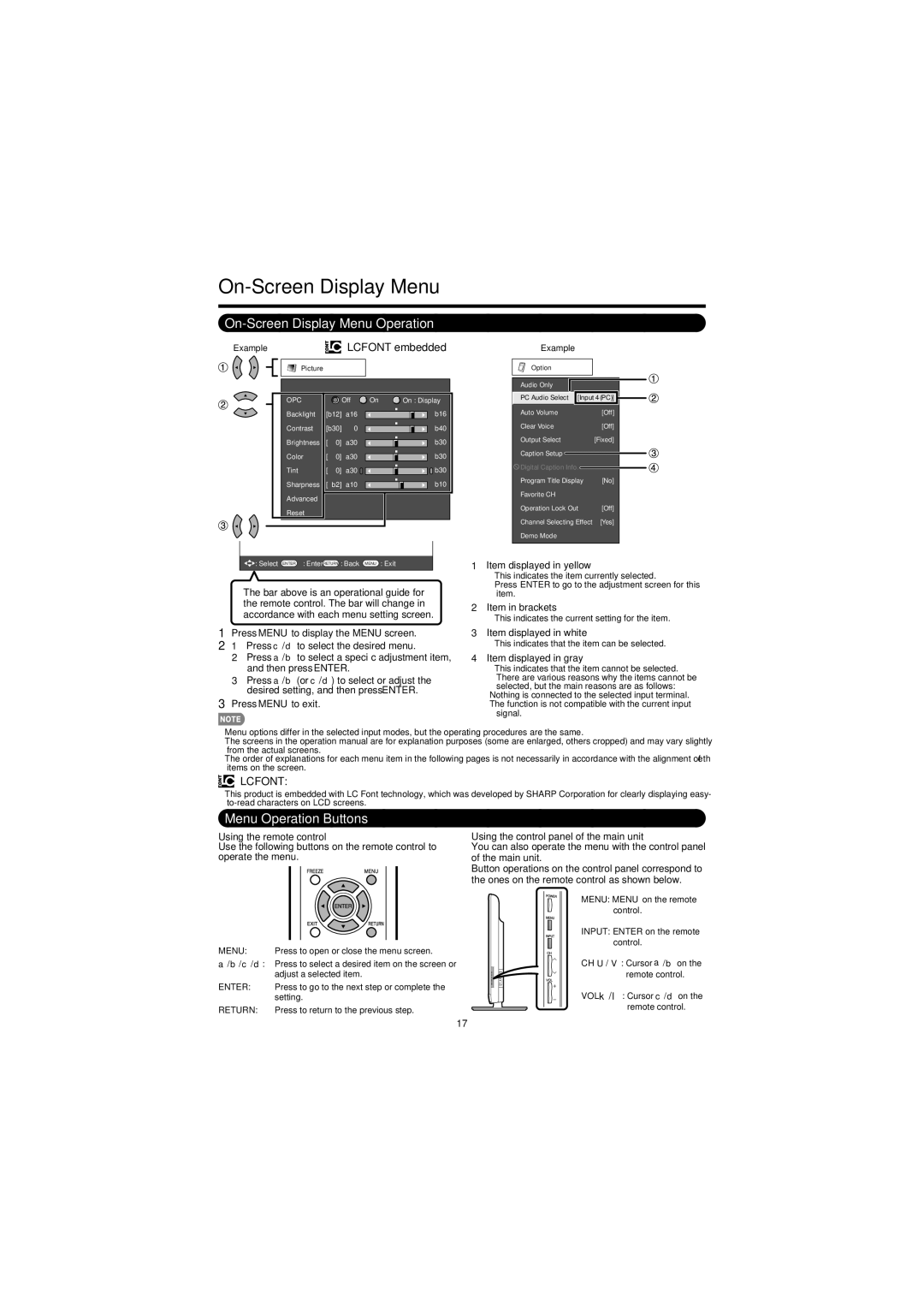 Sharp LC-60E79U operation manual On-Screen Display Menu Operation, Menu Operation Buttons, Lcfont 