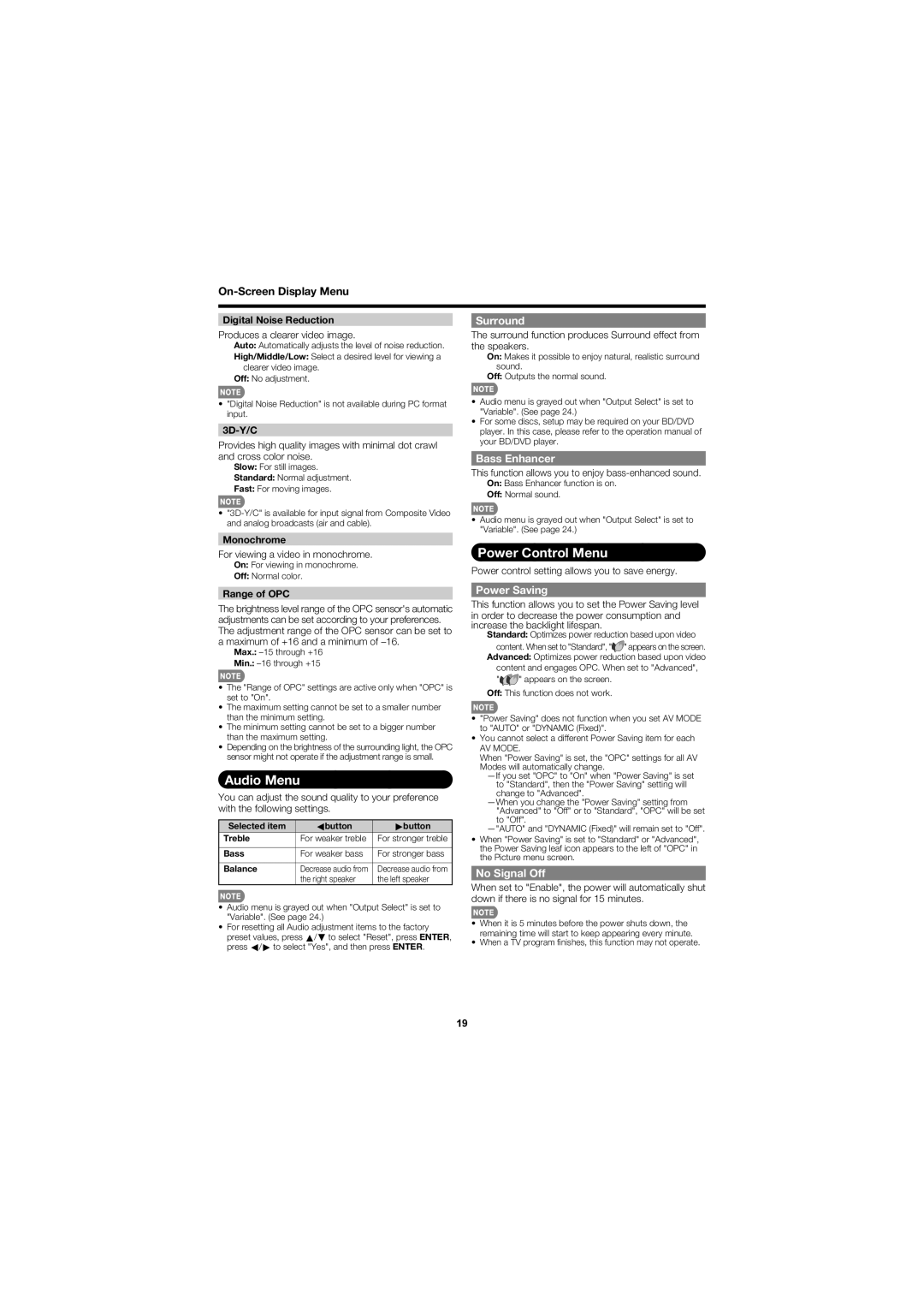 Sharp LC-60E79U operation manual Audio Menu, Power Control Menu 